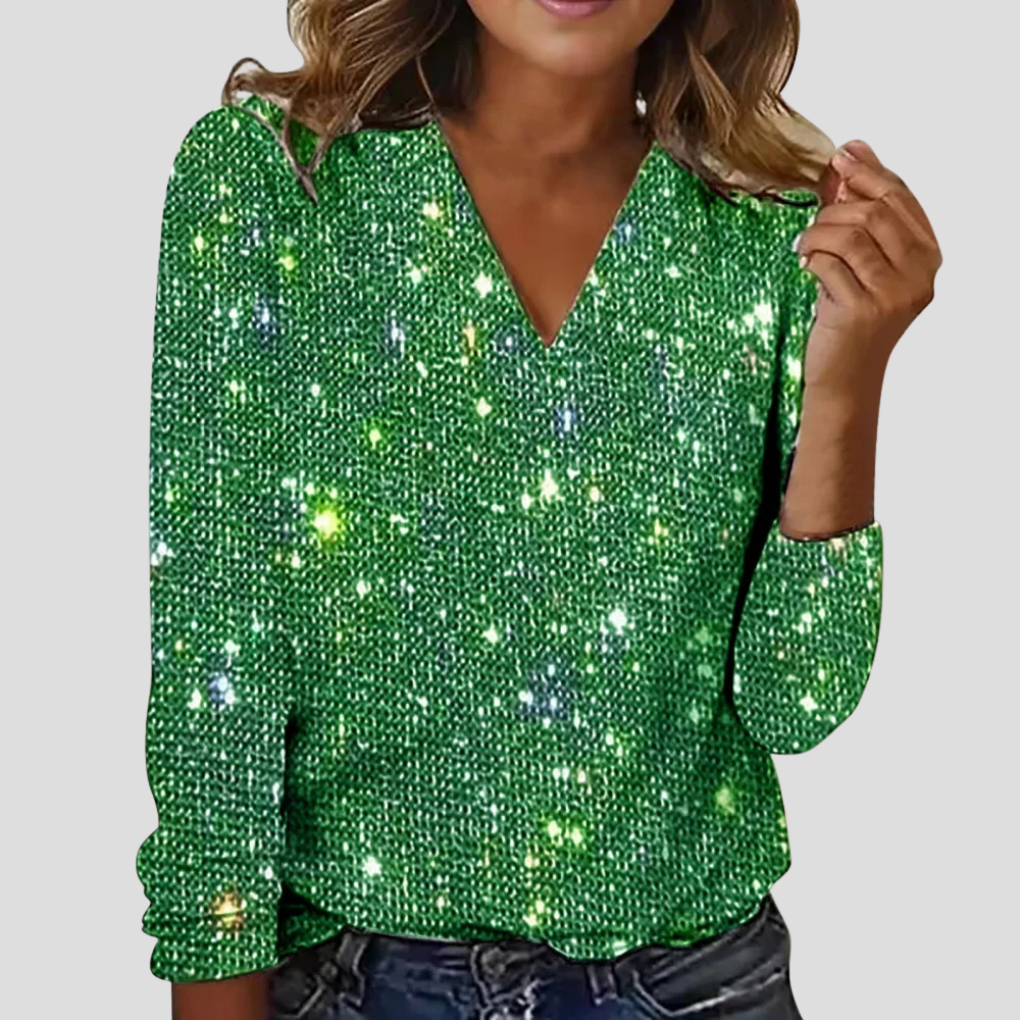 Women's V Neck Glitter Blouse Long Sleeves