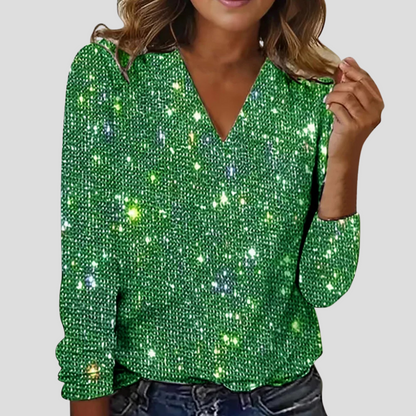 Women's V Neck Glitter Blouse Long Sleeves