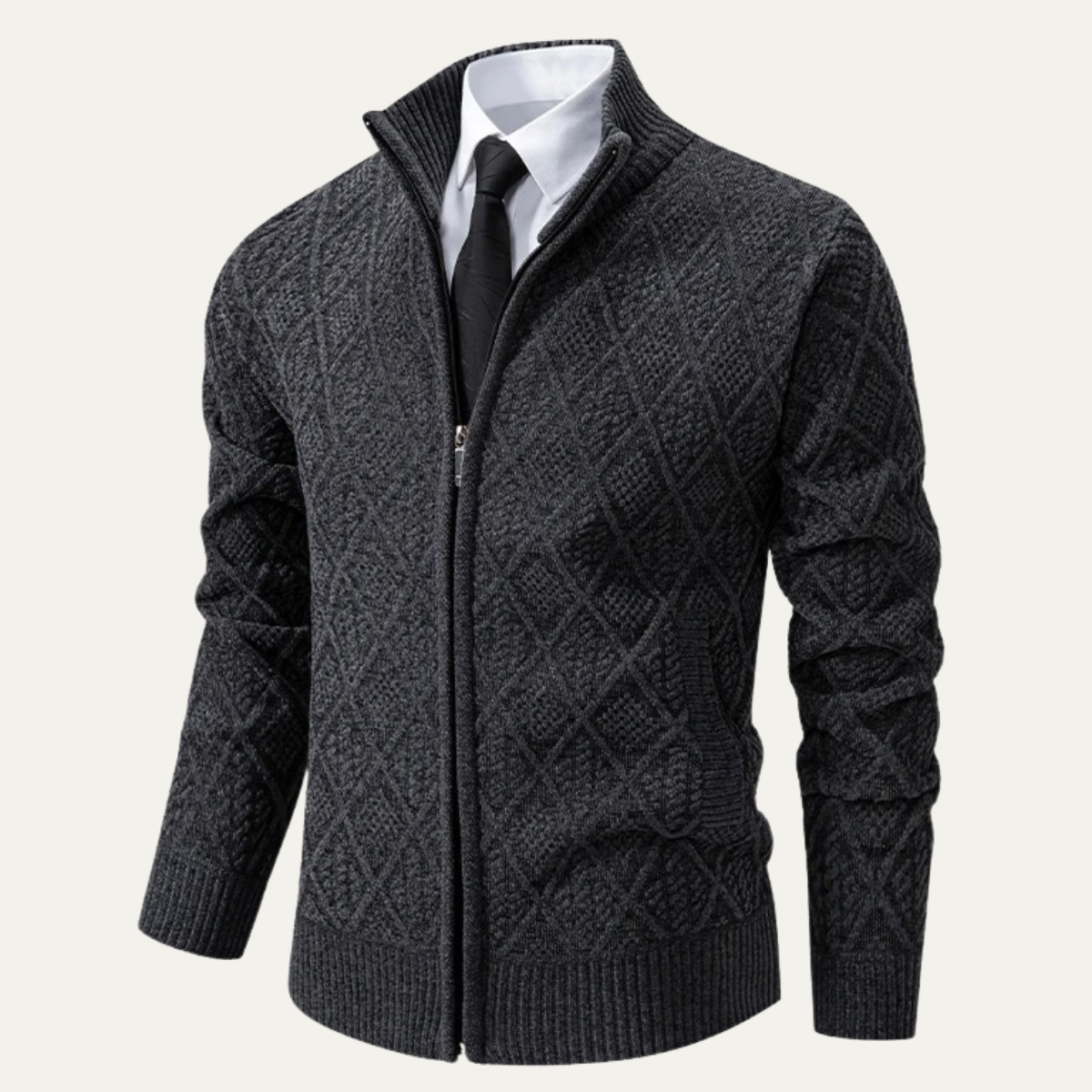 Men's Knit Diamond Zip Jacket with Stand Collar
