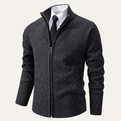 Men's Knit Diamond Zip Jacket with Stand Collar