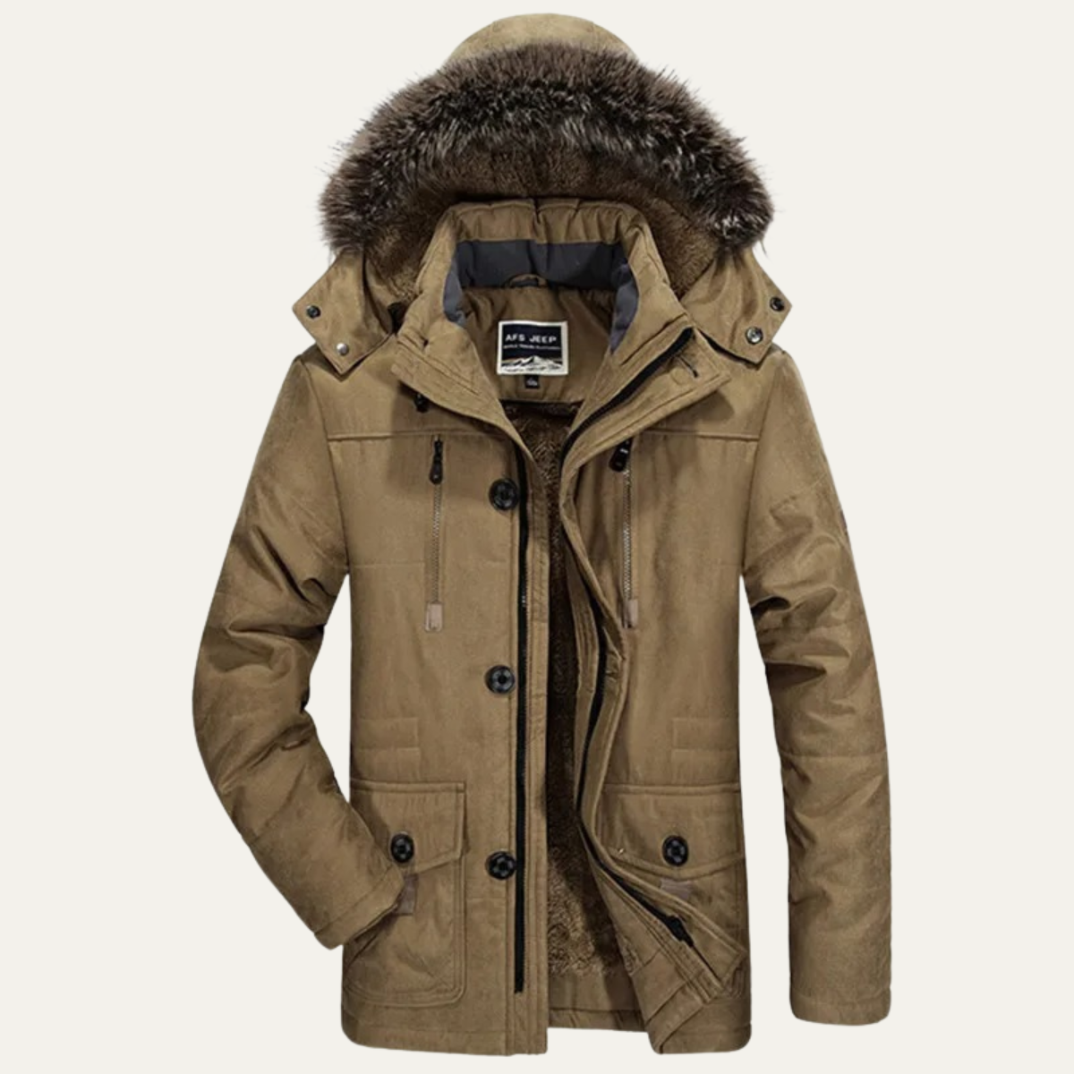 Men's Fur Hooded Jacket Warm Multi-Pocket