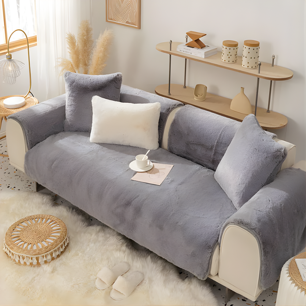 Faux Fur Sectional Sofa Cover Soft Plush Beige
