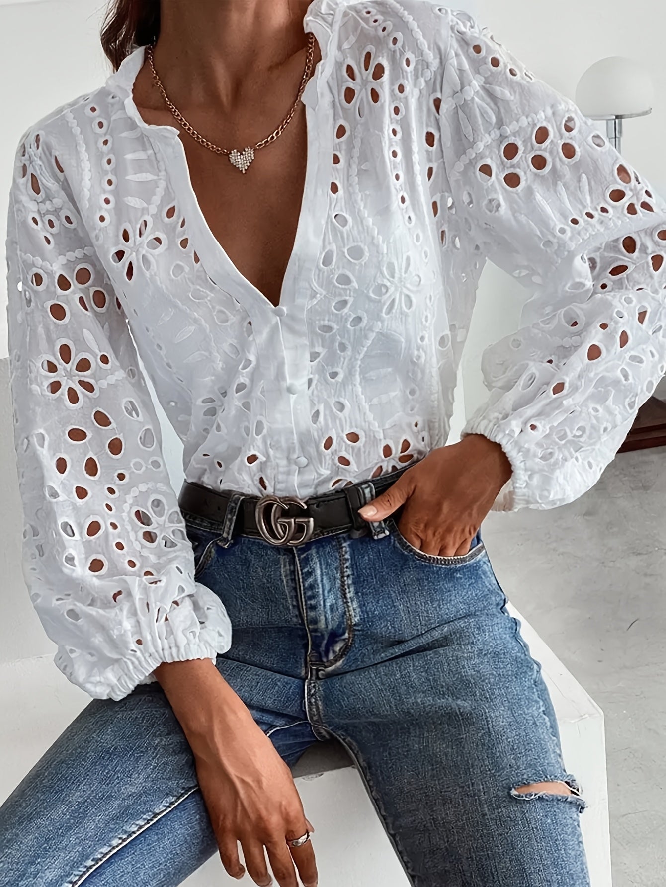 Women's Deep V-Neck Long Sleeve Blouse - Vonnera