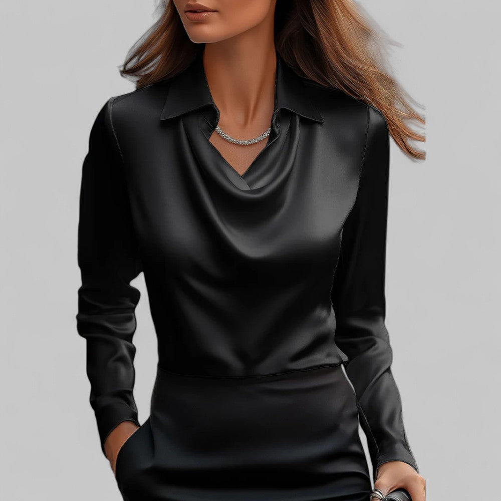 Rose | Women’s Draped Neck Long Sleeve Satin Blouses Caliboot
