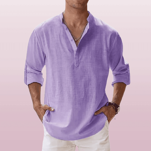 Men's Linen Blend Henley Shirt Long Sleeve Casual Regular Fit