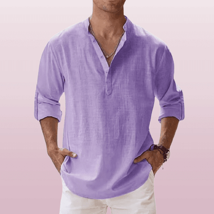 Men's Linen Blend Henley Shirt Long Sleeve Casual Regular Fit