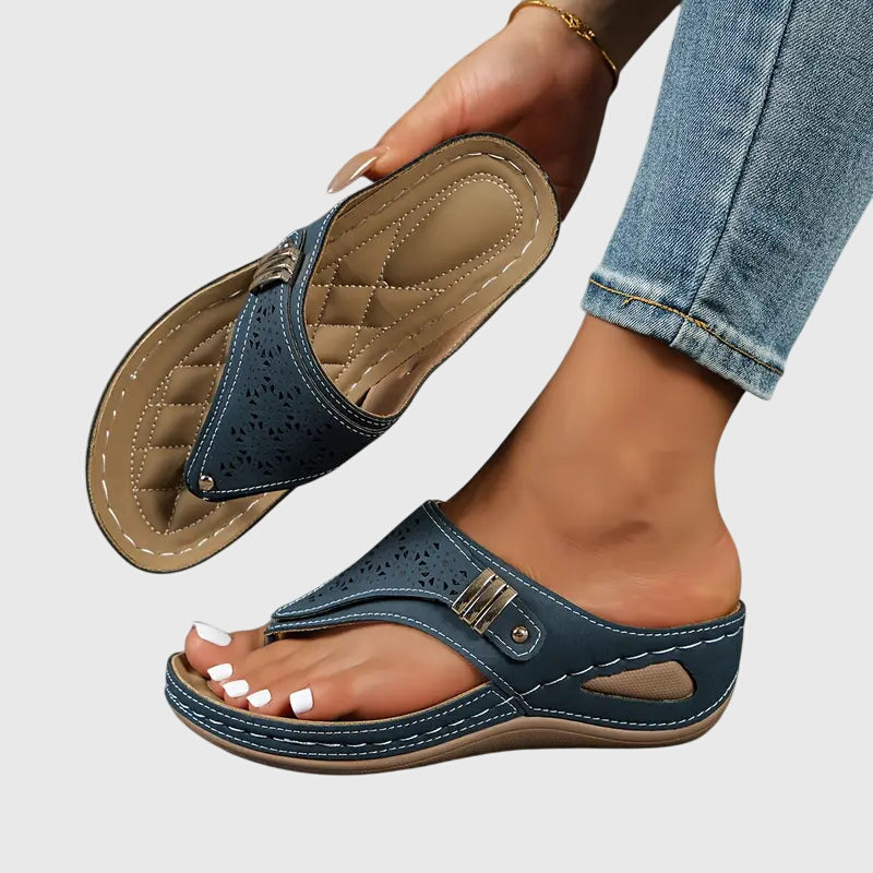 Women's Wedge Sandals Laser Cut Toe Loop Brown