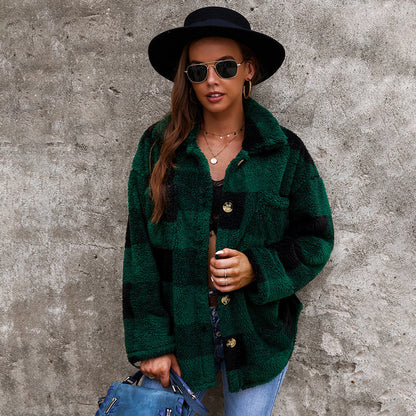Women's Checkered Fur Coat Plush Winter Outerwear
