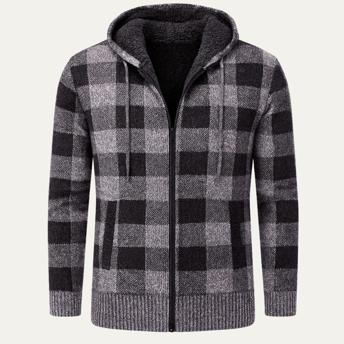 Men's Plaid Knit Hooded Jacket Zip Up - Vonnera