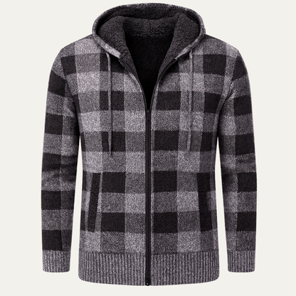 Men's Plaid Knit Hooded Jacket Zip Up - Vonnera