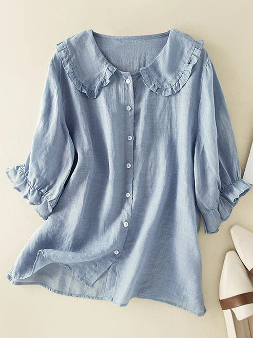 Women's Cotton Linen Blouse Loose Fit Ruffle Neck