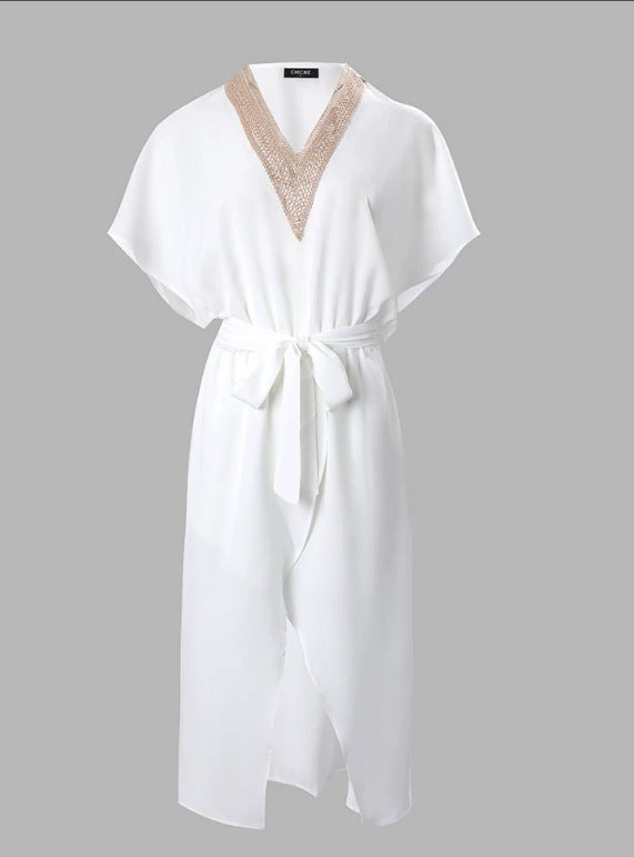 Women's White Midi Dress V-Neck Cotton - Vonnera