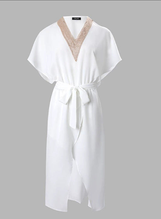 Women's White Midi Dress V-Neck Cotton - Vonnera
