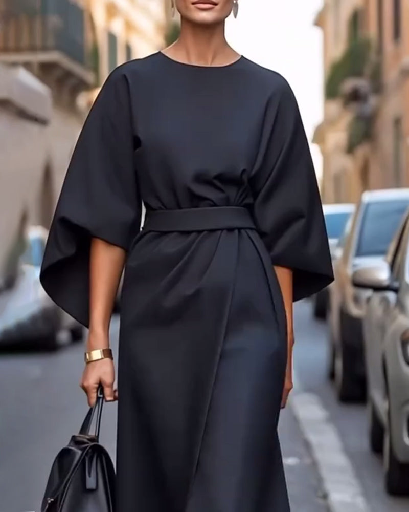 Women's Elegant Lantern Sleeve Dress with Belt