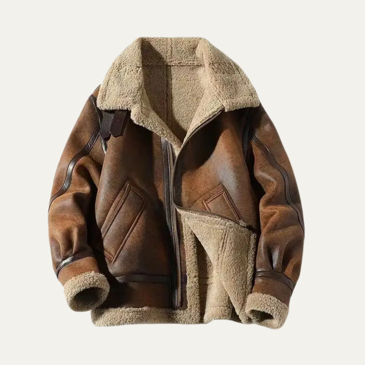 Men's Retro Shearling Leather Jacket Warm Fur Lining - Vonnera