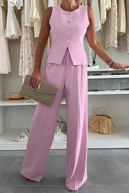 Women's Trousers And Vest Set Sleeveless Button