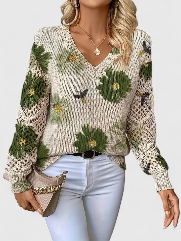 Women's V-Neck Crochet Sweater Floral