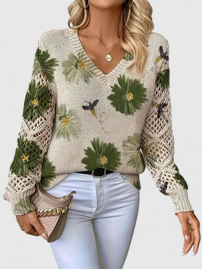 Women's V-Neck Crochet Sweater Floral
