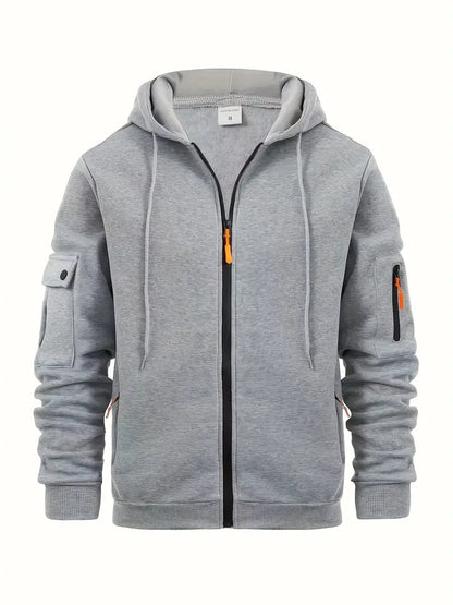 Men's Zip-Up Hoodie Cotton Drawstring Hood Functional Pockets - Vonnera
