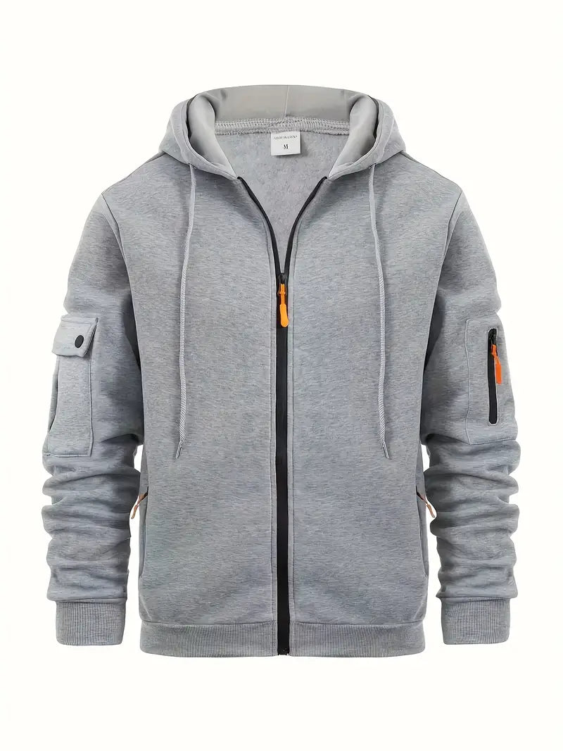 Men's Zip-Up Hoodie Cotton Drawstring Hood Functional Pockets