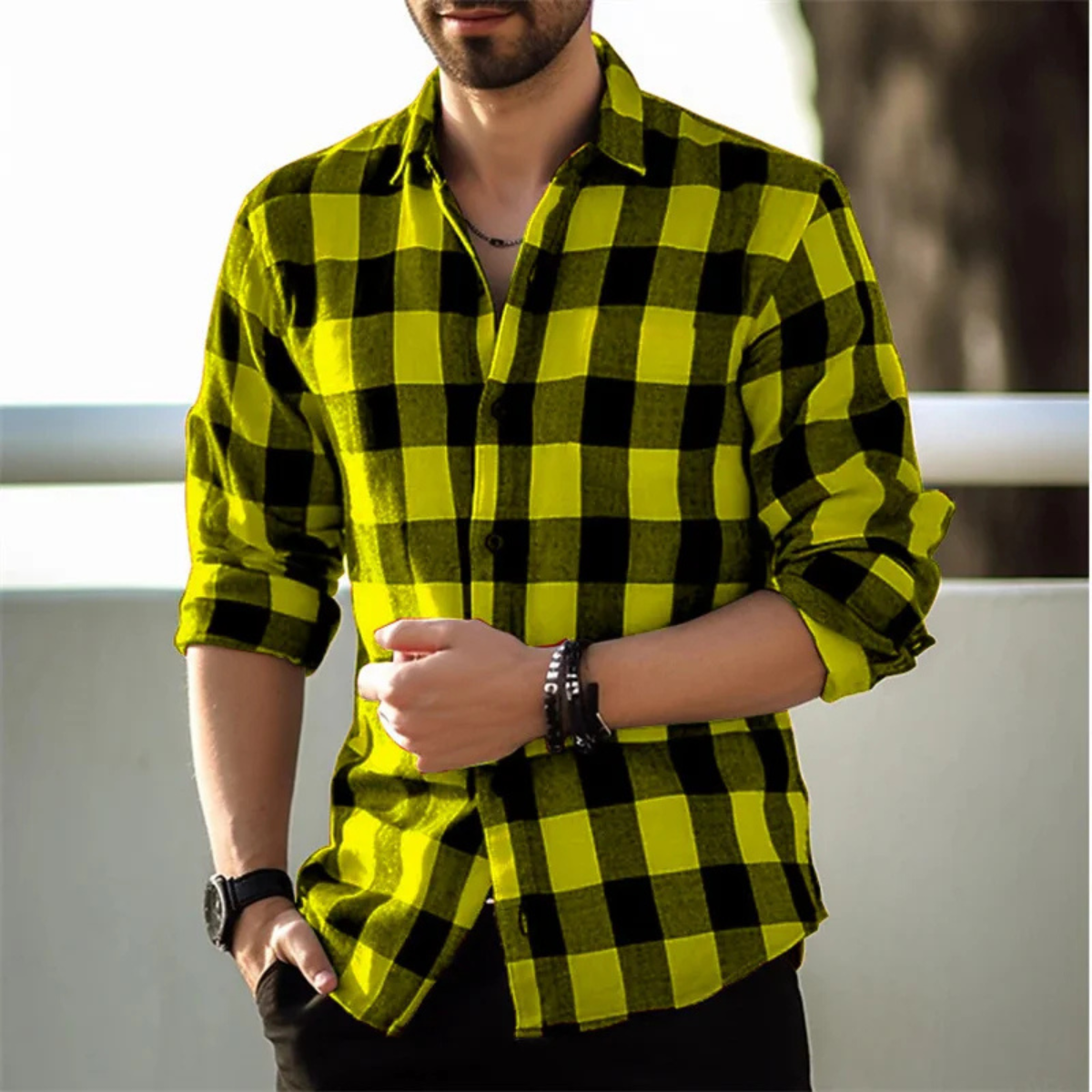 Men's Plaid Button-Up Shirt Casual Cotton