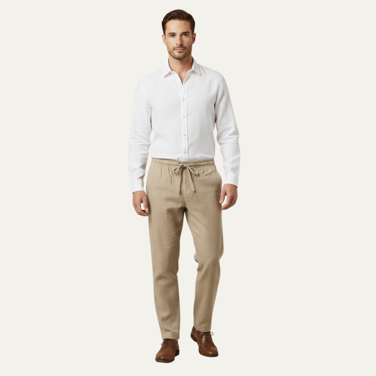 Mens Cotton Linen Drawstring Pants Loose Fit Beige