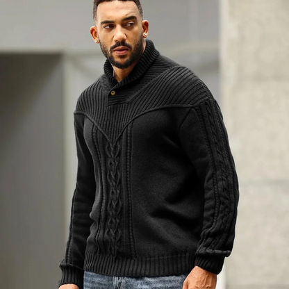 Men's Ribbed Knit Sweater Button Neck Winter Wool