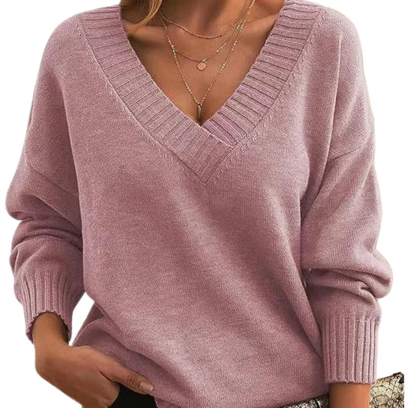 Women's Textured Knit Sweater Relaxed Fit V-Neck