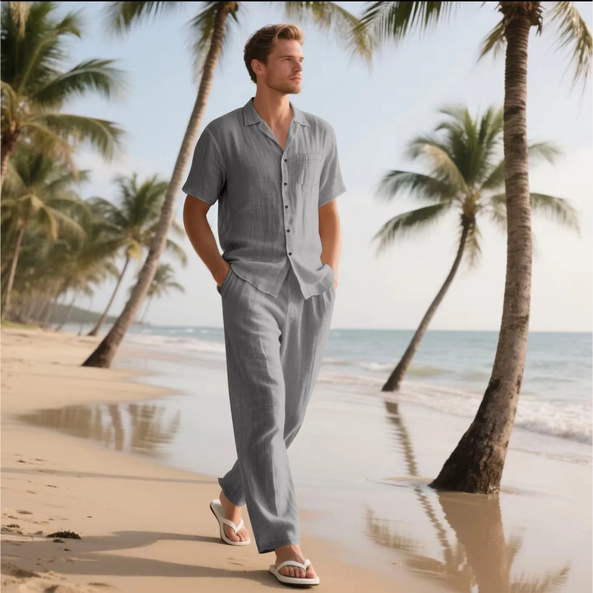 Men's Lightweight Casual Two Piece Suit Shirt Pants
