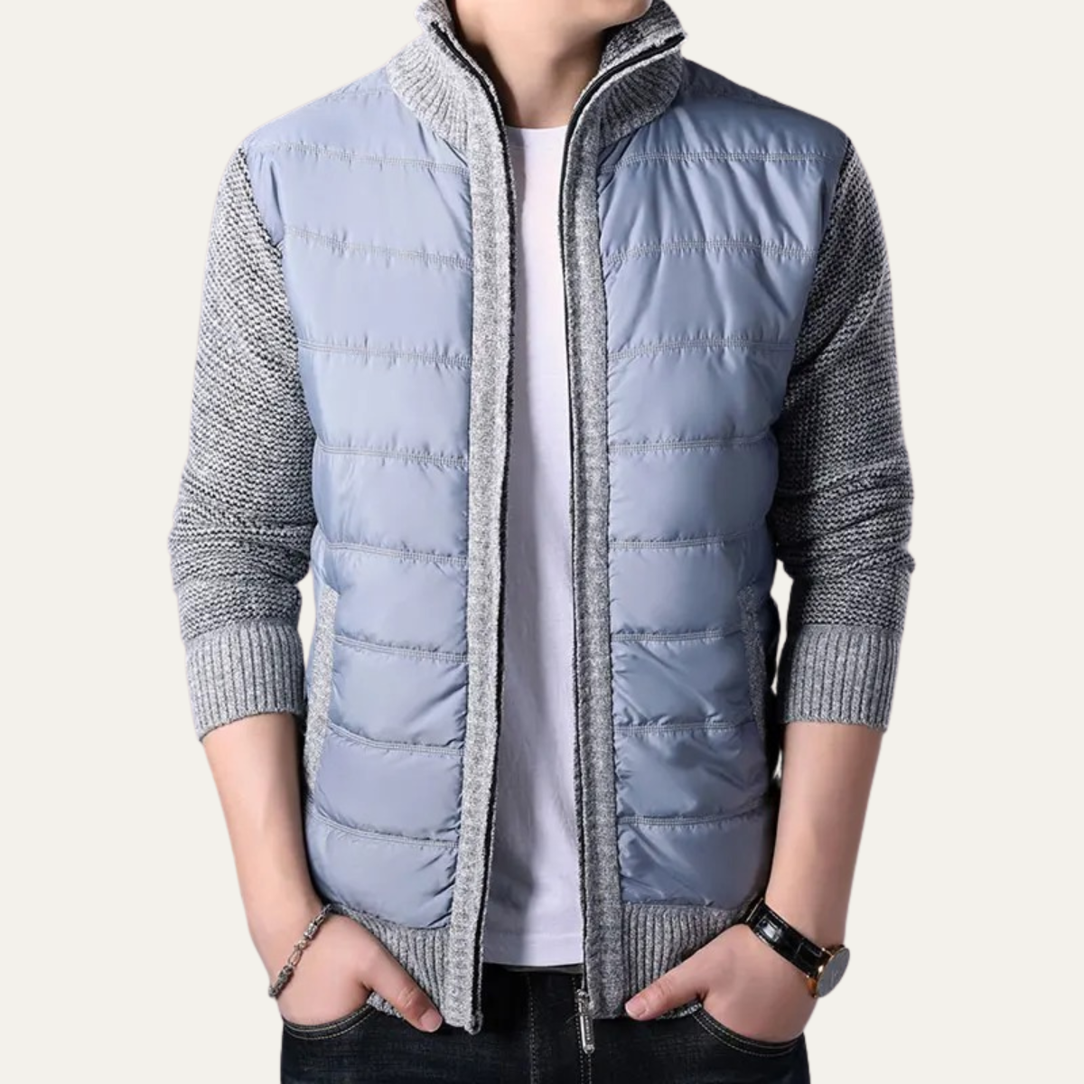 Men's Puffer Jacket Zip Up Knit Sleeve Winter Black
