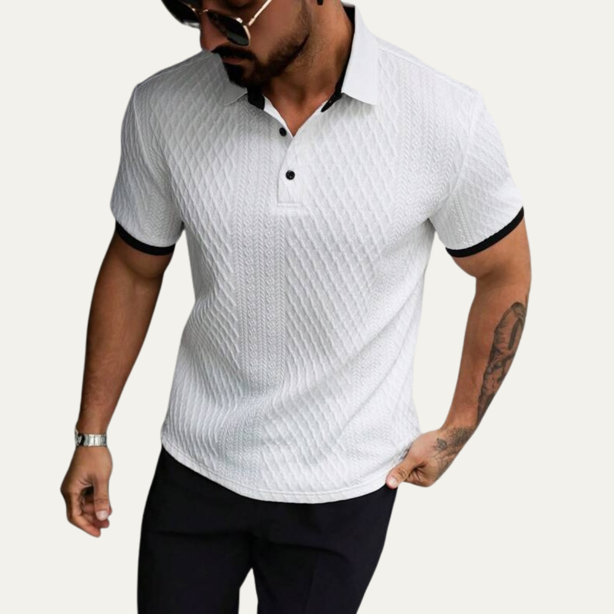 Men's Textured Polo Shirt Contrast Collar