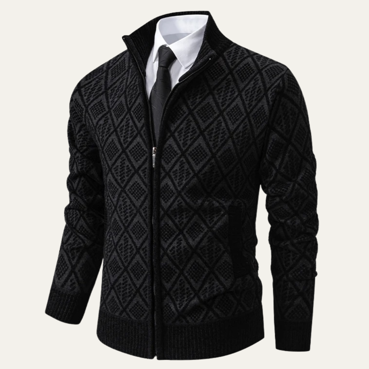 Men's Knit Diamond Zip Jacket with Stand Collar