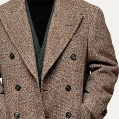 Men's Tweed Blazer Wool Blend Double Breasted Brown