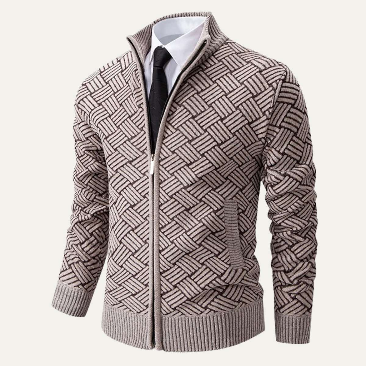 Men's Knit Jacket Diamond Pattern Stand Collar