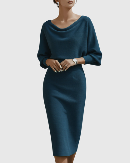 Vivienne Women's Ribbed Midi Dress Cowl Neck Batwing Sleeves
