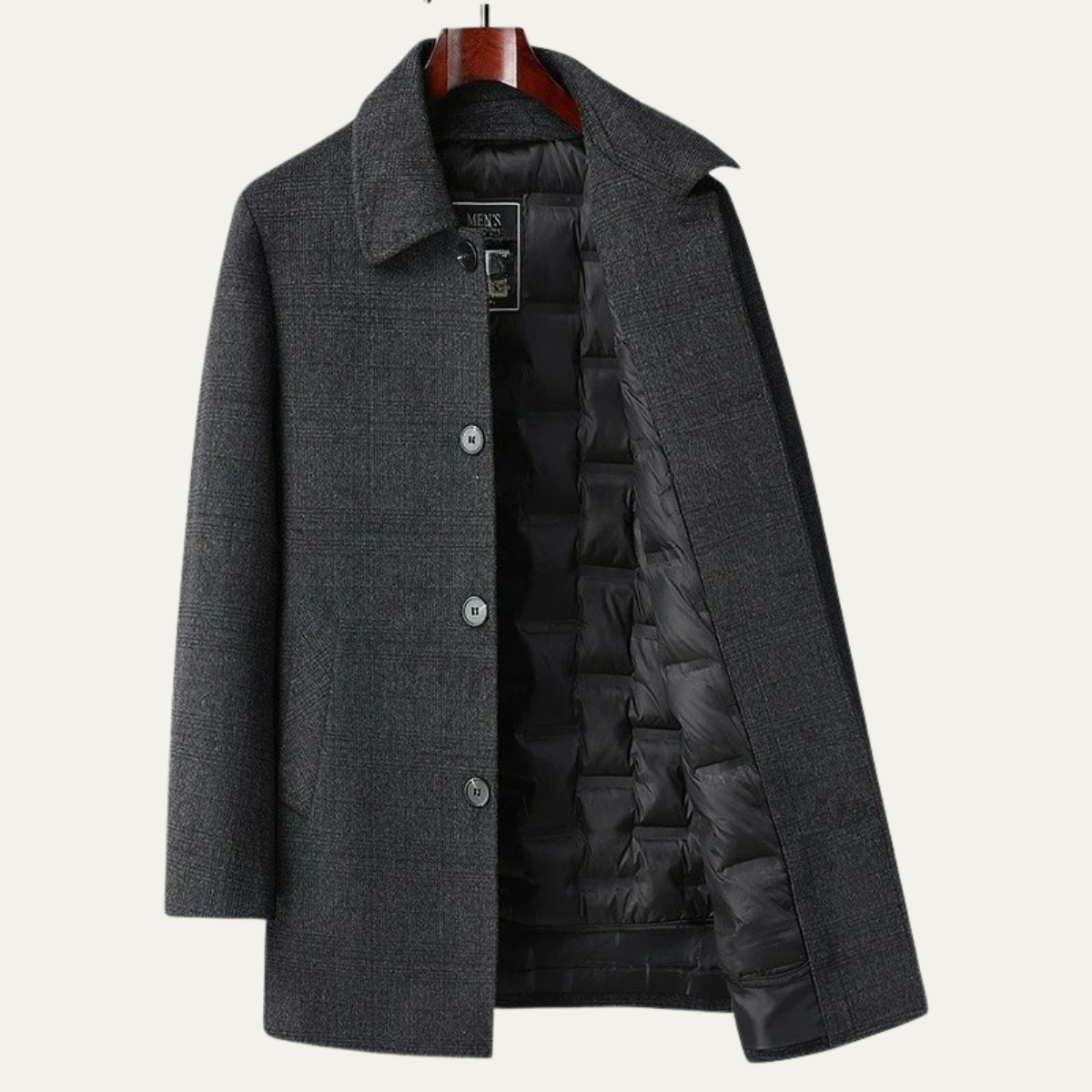 Men's Wool Trench Coat Mid Length Plaid Down Filled