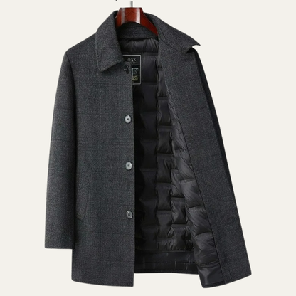 Men's Wool Trench Coat Mid Length Plaid Down Filled
