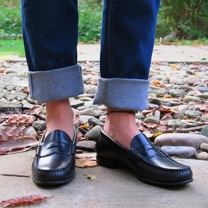 Women's Black Leather Moc Toe Loafers