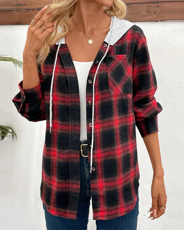Women's Hooded Checkered Jacket Wool Blend Fall Winter