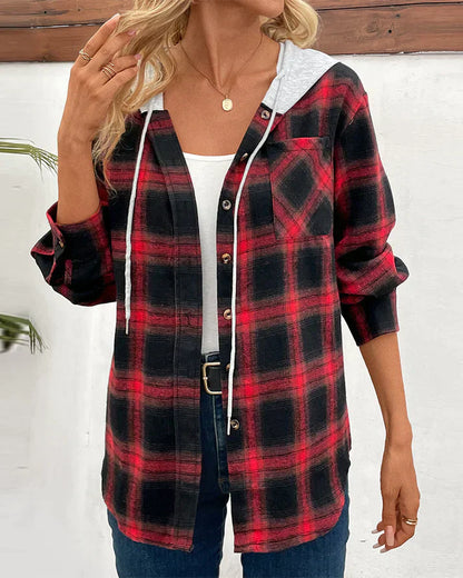 Women's Hooded Checkered Jacket Wool Blend Fall Winter