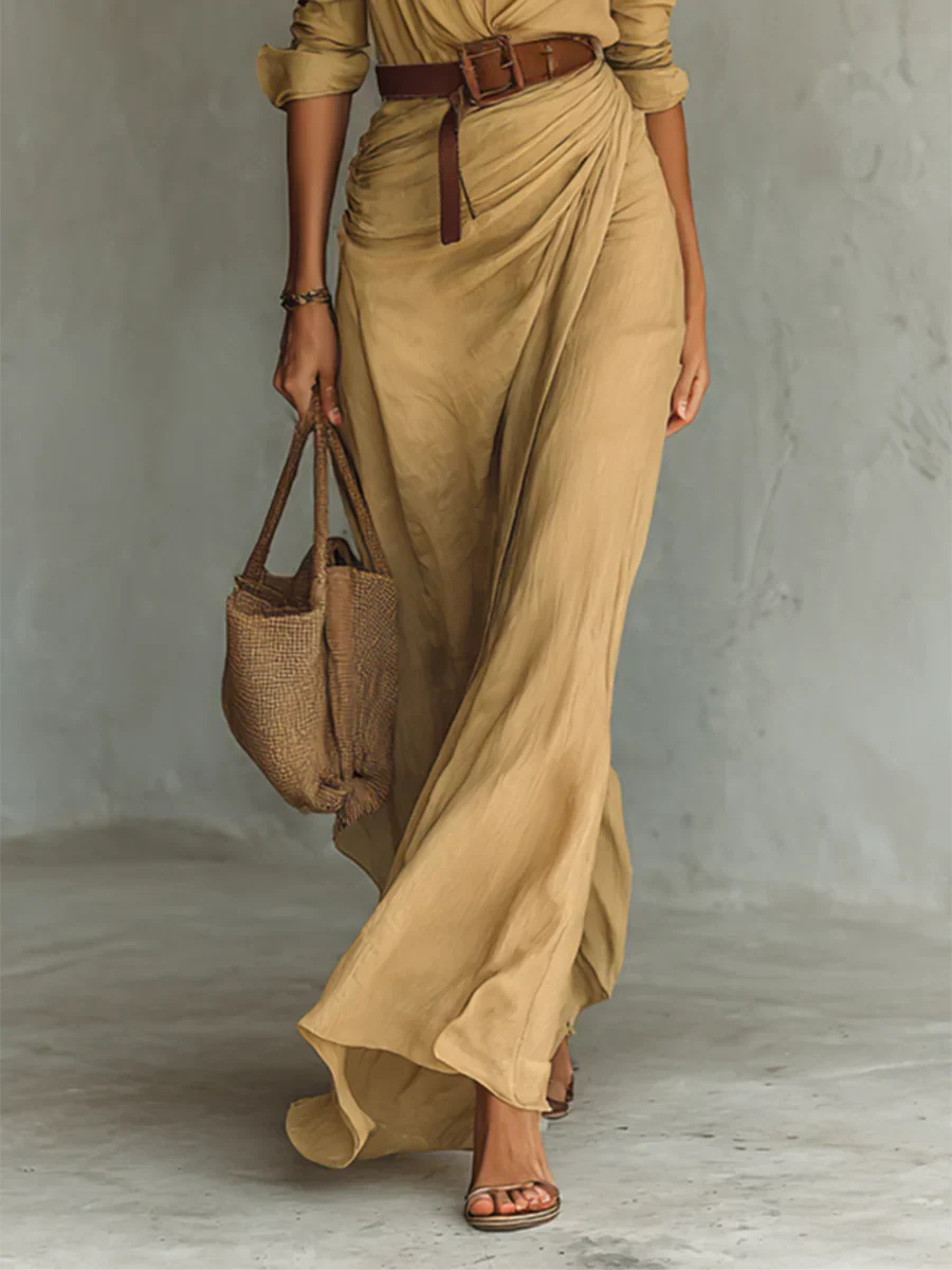 Women's Long Sleeve Belted Maxi Dress