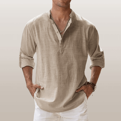 Men's Linen Blend Henley Shirt Long Sleeve Casual Regular Fit