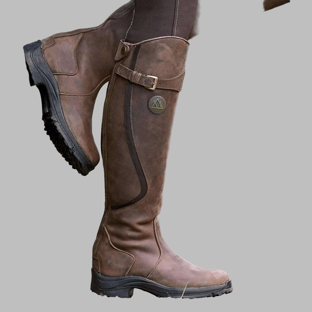 Women's Distressed Leather Hiking Boots Buckled Strap Knee-Length - Vonnera