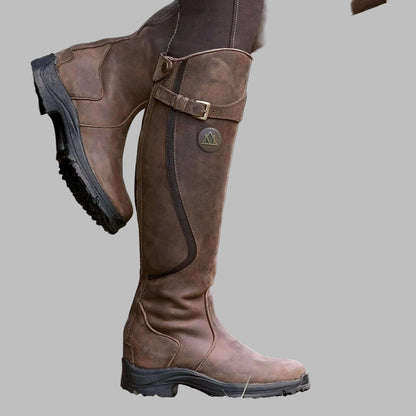 Women's Distressed Leather Hiking Boots Buckled Strap Knee-Length - Vonnera