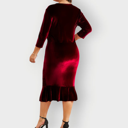 Women's Velvet Midi Dress Ruffle Detail Navy
