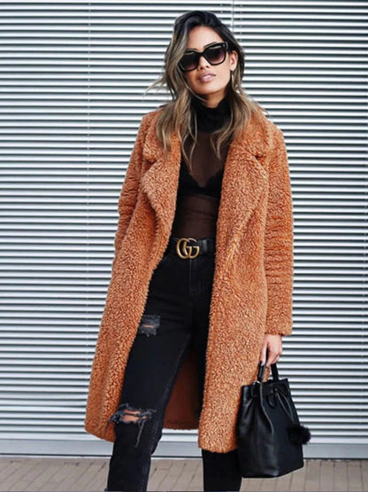 Women's Long Teddy Coat Warm Oversized Lapel Collar