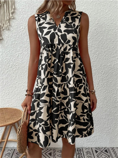 Women's V-Neck Sleeveless Mini Dress Leaf Print