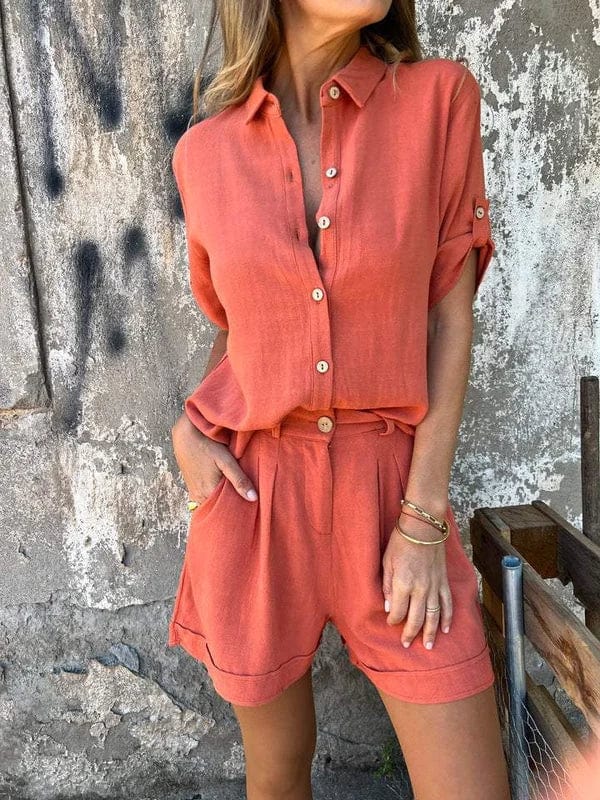 Women's Button Shirt Shorts Set