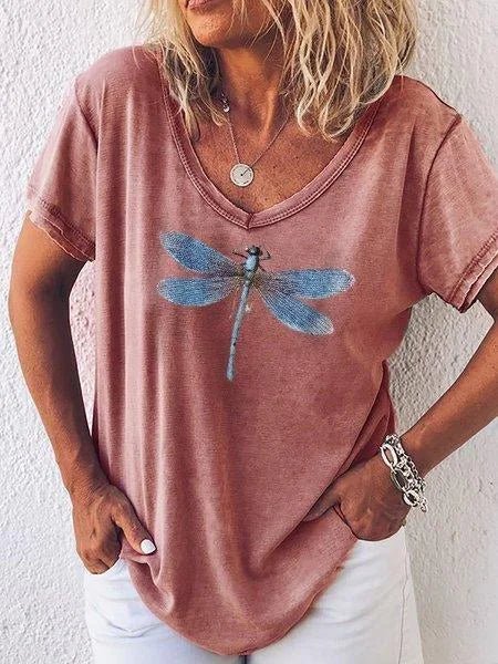 Women's V-Neck Short Sleeve Tee Dragonfly Print Casual - Vonnera