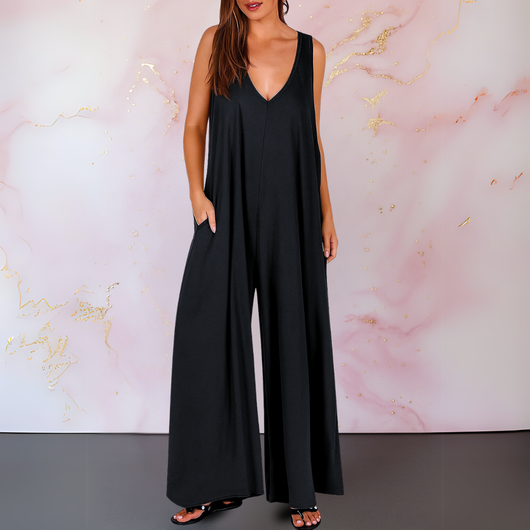 Women's Sleeveless Jumpsuit Wide Leg V-Neck with Pockets - Vonnera
